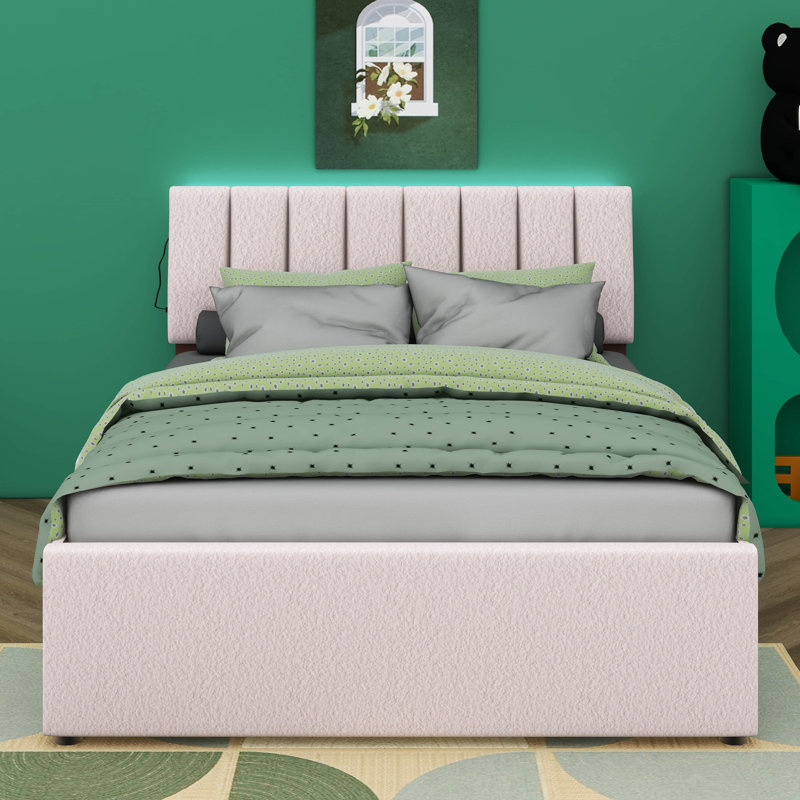 Lit plateforme tapissier Teddy, Beige, Double