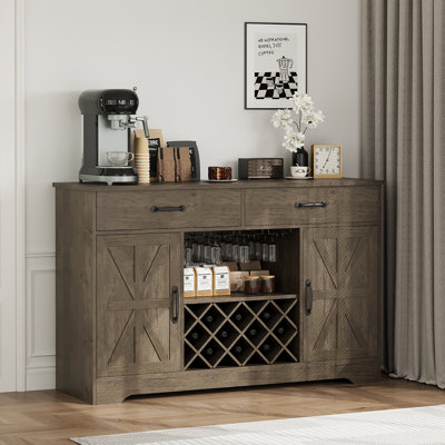 Coffee Bar Cabinet With Storage And Wine Rack, Glass Holder And 2 Drawers, Buffet Console Sideboard For Kitchen Dining Room, Oak Gray