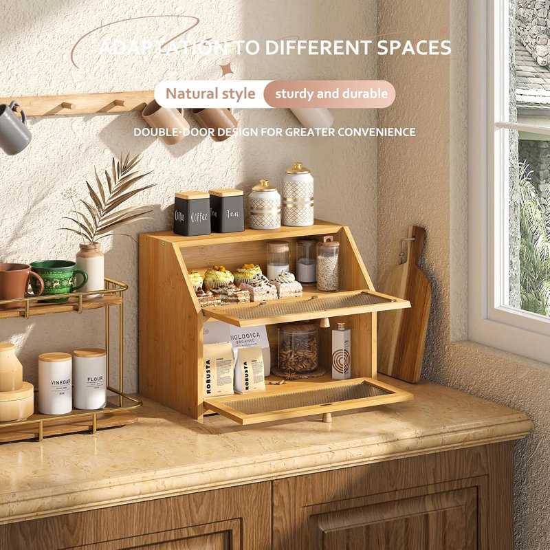 Natural Bamboo Double Layer Bread Box with Diamond Pattern Windows