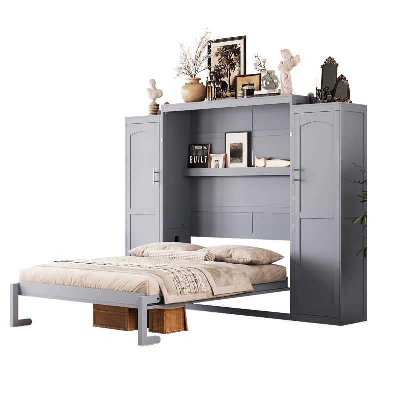 Lit double, pliable multifonctionnel gris avec 2 armoires et tablettes, convient à la chambre d'amis, structure de lit en bois de haute qualité