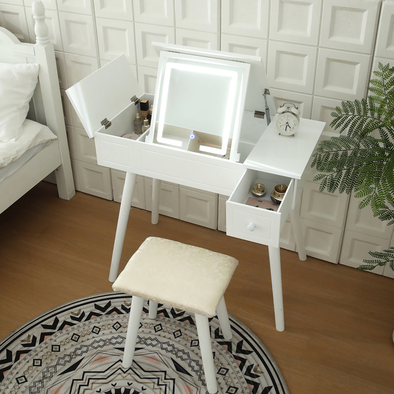 Meuble-lavabo en bois blanc laiteux avec miroir à DEL et prise de courant, table de maquillage de salle de bain, tiroir réglable, classique et élégant pour le rangement des cosmétiques