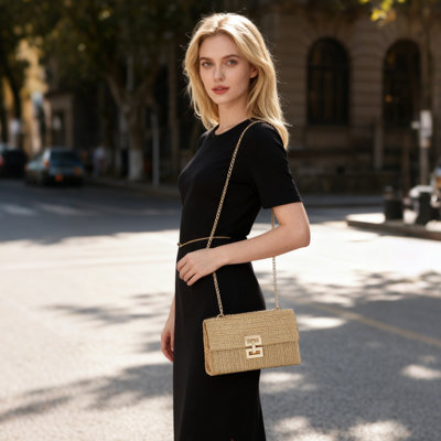 Elegant Woven Straw & PU Leather Handbag Set for Women