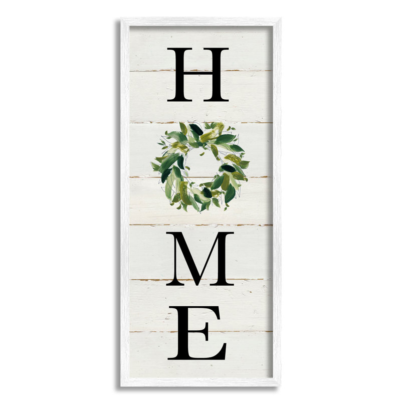 Home Vertical Phrase Green Leaf Wreath Family Typography by Carol Robinson - Textual Art, 30" H x 13" W x 1.5" D