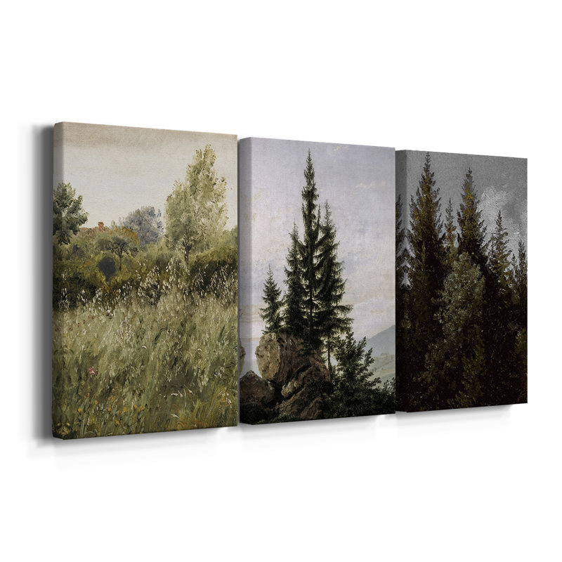 Paysage rétro CCXV - Toile tendue avec châssis sur mesure - 3 pièces, H 18 po x l 36 po