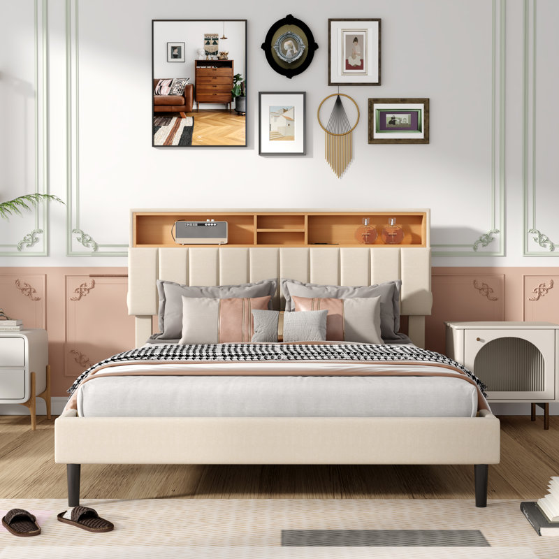 Lit plateforme tapissier Pannu, Double, Beige