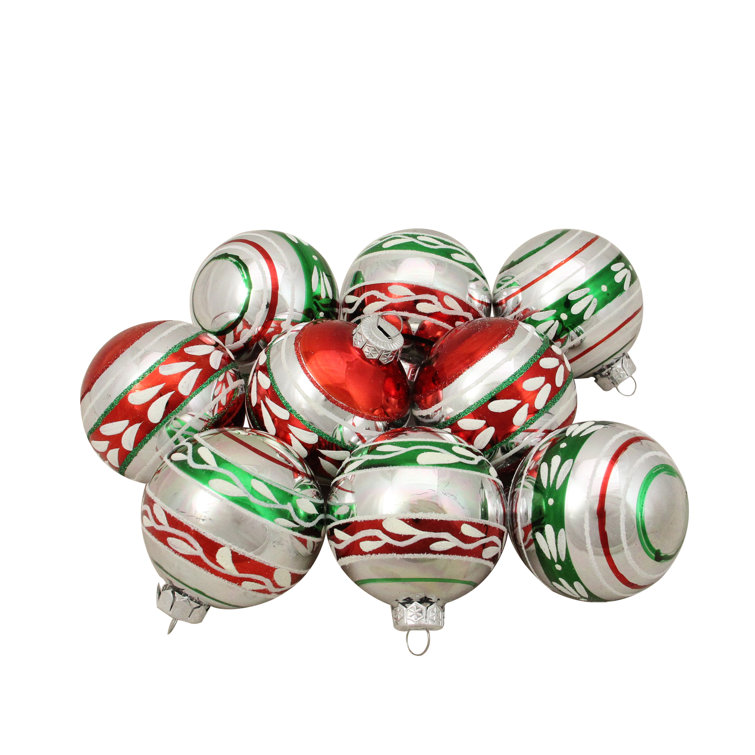 Shiny Silver with Red and Green Glitter Striped Vintage Christmas Ornament
