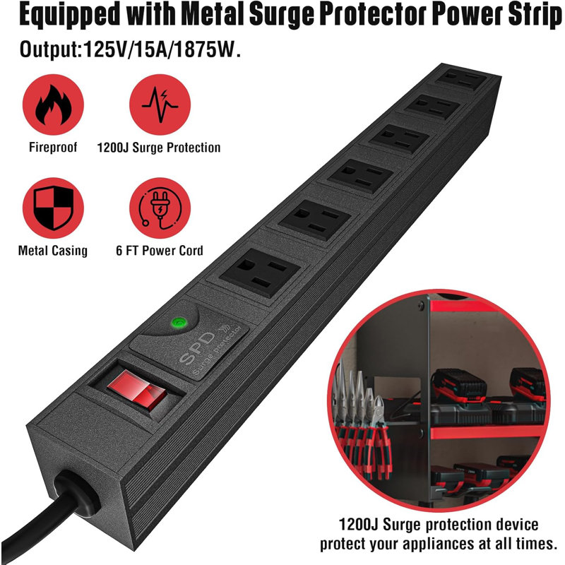 Power Tool Storage Rack With Surge Protection Power Strip And Charging Station