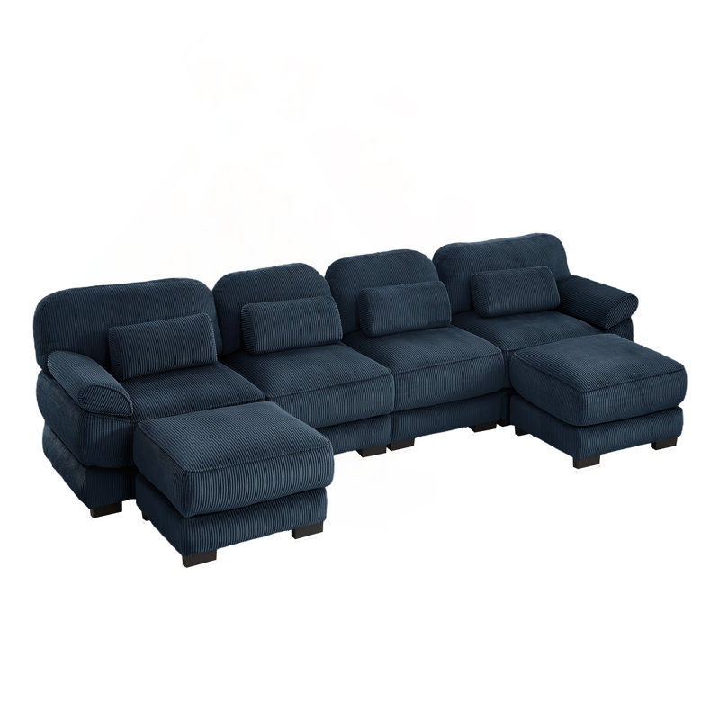 Canapé modulaire en forme de U avec tissu en velours côtelé et accoudoirs convertibles, L 132,3 po, Velours côtelé bleu