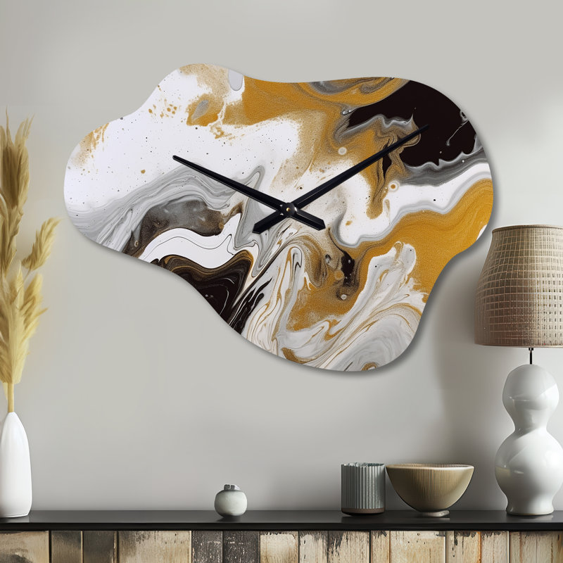 Horloge murale or et noir Marble Waves III - Fractals Cloud, horloge murale asymétrique dorée, Petit
