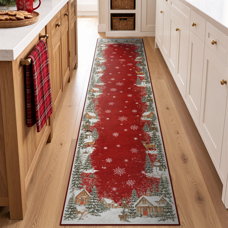 Tapis de Noël Snowy Village, Red, Runner 2' x 10'
