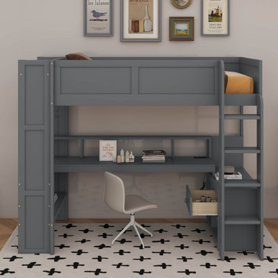 Twin Size Wood Gaming Loft Bed: Desk For Gaming/Study + Multi-Storage + LED + Charging Station
