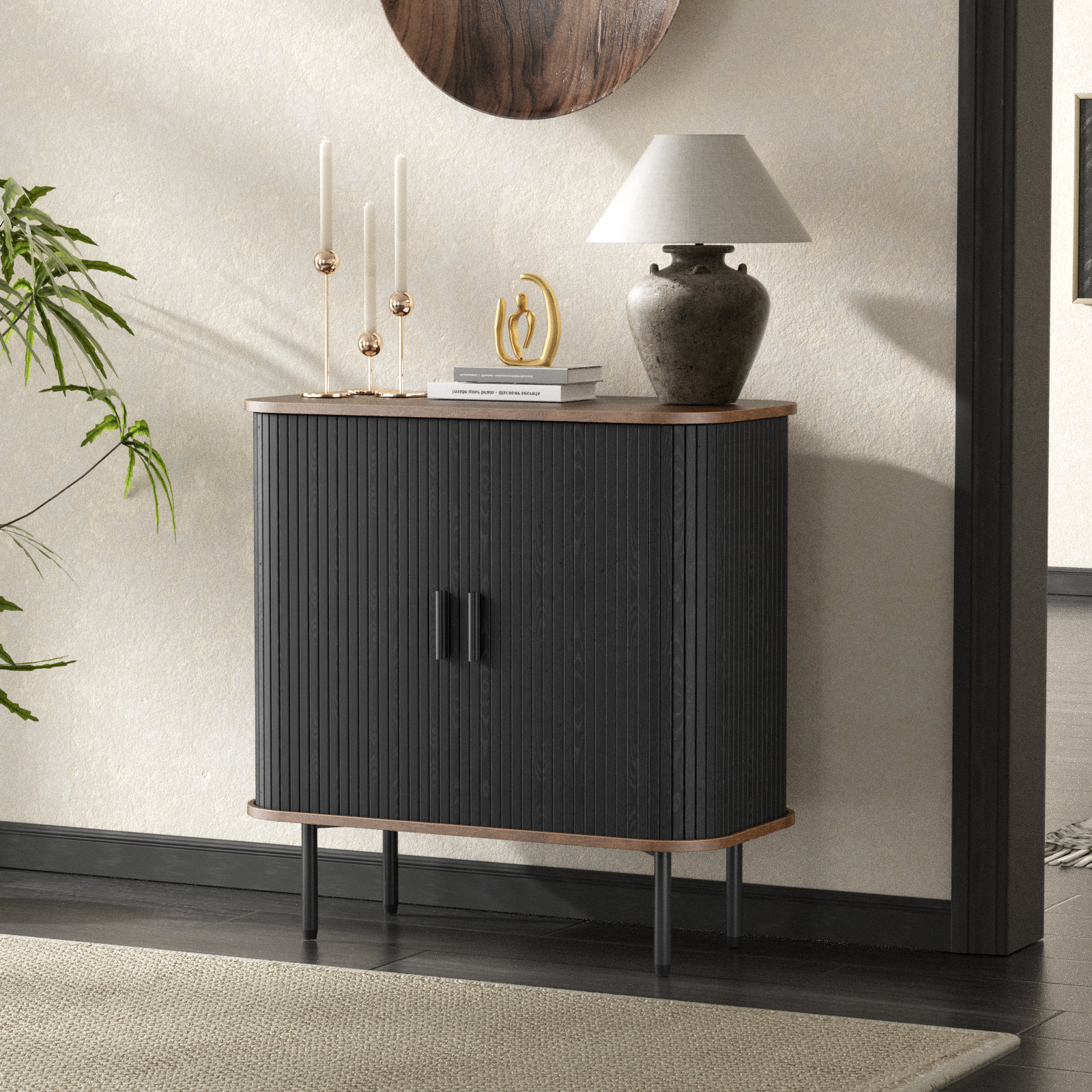 George Oliver 31''W Black Buffet Sideboard Cabinet With Storage, Fluted Storage Cabinet Black With Curvy Edge & Sliding Doors Coffee Bar, Accent Cabinet Credenza Console Table For Living, Kitchen, Hallway & Reviews | Wayfair
