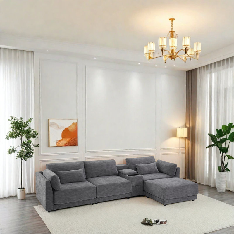 Canapé très large avec console rabattable, repose-pieds mobile, recharge câblée et sans fil, coussin ultra-épais de 12 po, conception modulaire réversible, comprend 4 coussins décoratifs
