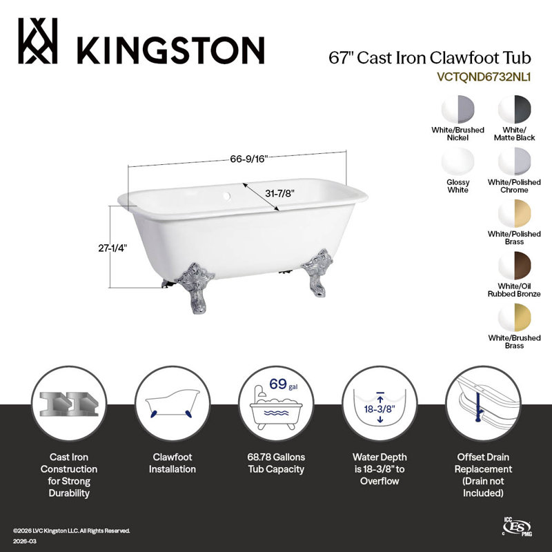 Kingston Brass Aqua Eden 67-Inch Cast Iron Rectangular Double Ended Clawfoot Tub (No Faucet Drillings), White