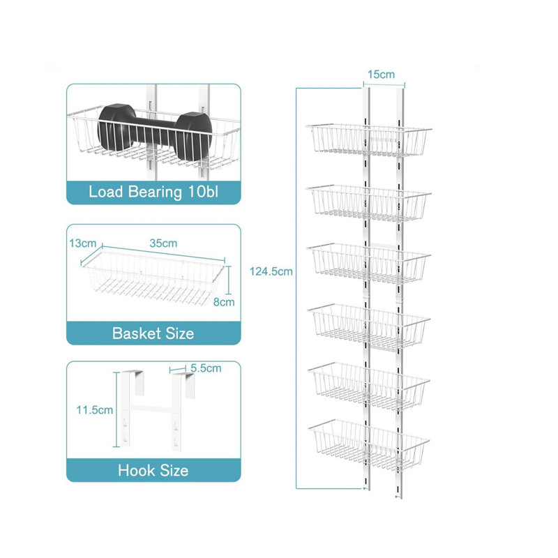 Over The Door Pantry Organizer With Adjustable 6 Baskets,Detachable, Expandable, Rust Resistant, Scratch Resistant,White