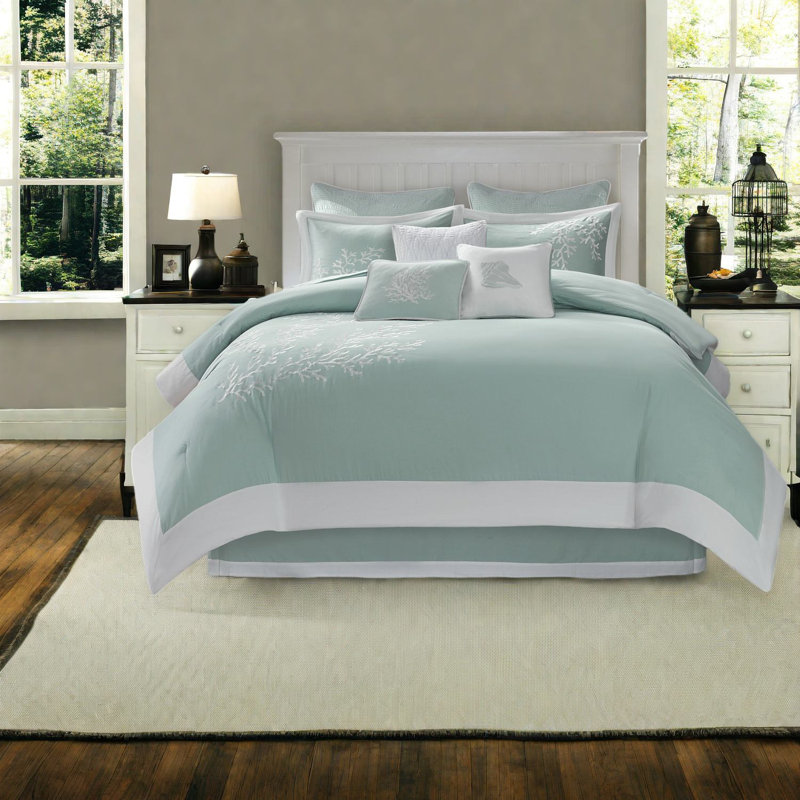 Ensemble de literie surdimensionné en jacquard de coton, édredon turquoise avec broderie corail pour la maison
