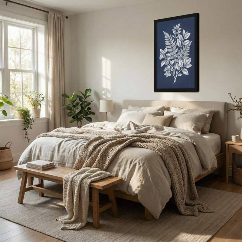 Plantes et fleurs, feuilles d'argent sur fond bleu marine, H 18 po x l 12 po
