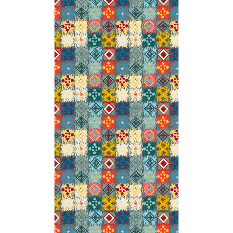 Tapis bleu / jaune / rouge en coton touffeté à la machine Mayra, Rectangle 5 pi 11 po x 9 pi 2 po