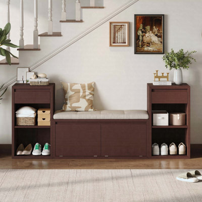 Entryway Storage Bench with Drawers, Shelves and Cushion Seat, Espresso