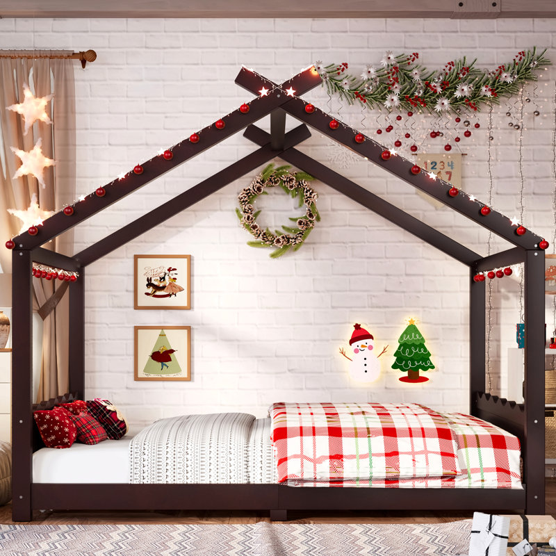 Lit double au sol avec lattes de soutien, structure de lit en bois massif, Lit double, Espresso