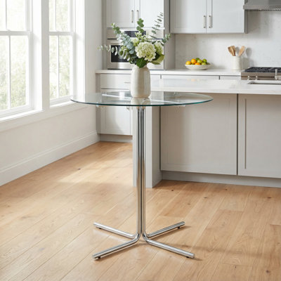 Stylish Round Glass Bar Height Table with Tempered Glass Top and Chrome Plated Four-Column Base - Ideal for Compact Living Spaces, Kitchens, and Entertaining Areas