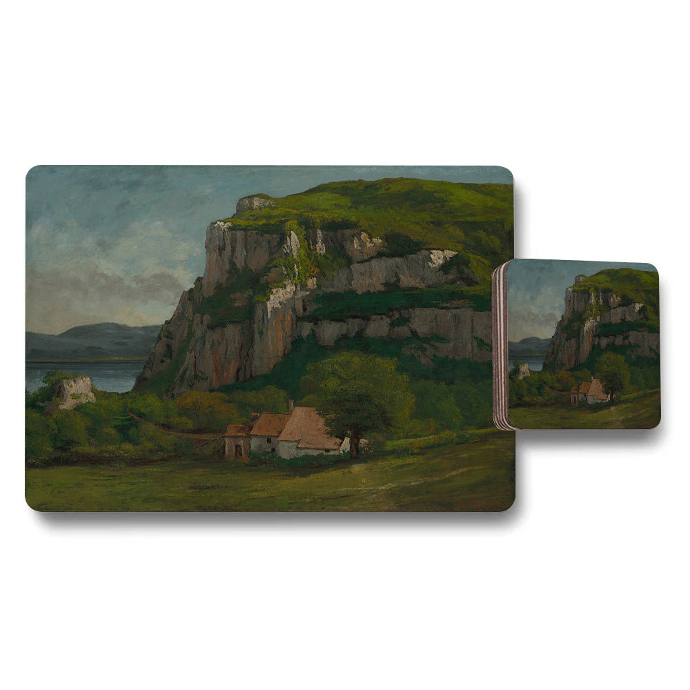 Scenic Cliffside Landscape Placemat And Coaster Set With Cottage Scene