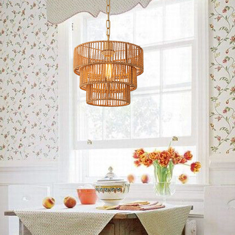 1-Light Hanging Chandelier with 3-Tier Rattan Woven Shade, Brass, Brown