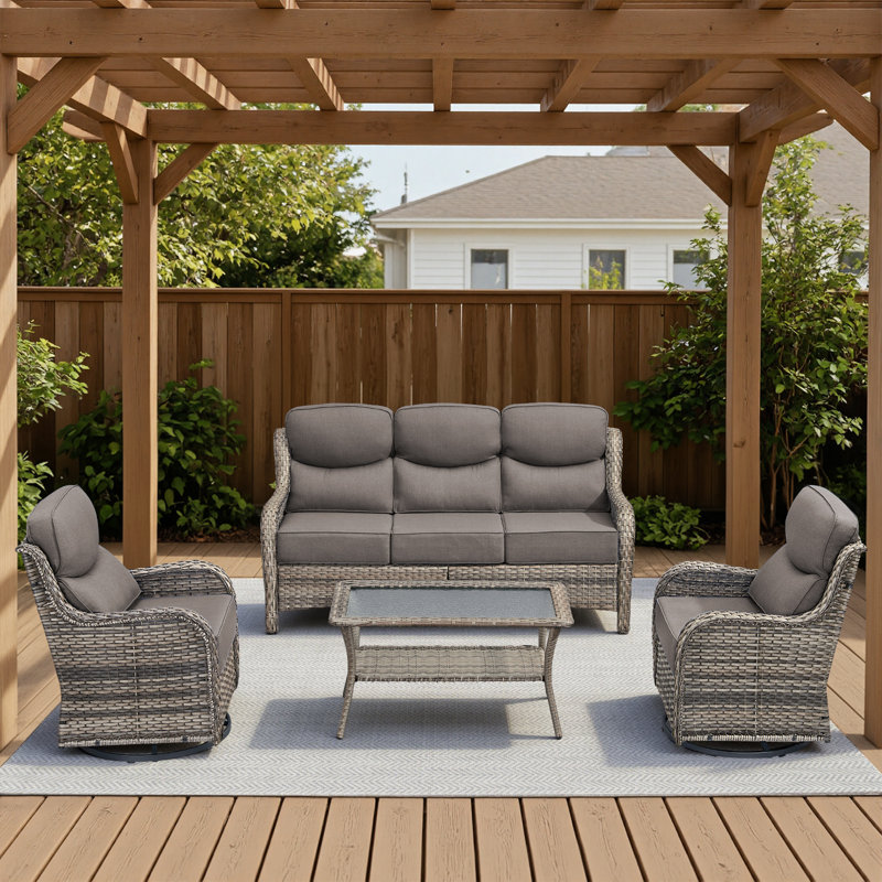 Ensemble de conversation en osier pour patio extérieur avec fauteuils pivotants et table basse extérieure, Gris, Gris