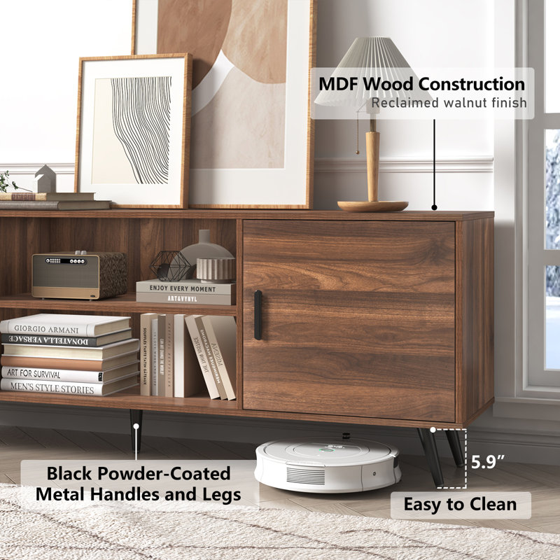 80 Inch Mid Century Modern Tv Stand For 85 Inch Tv, Wood Tv Stand With Storage, Brown