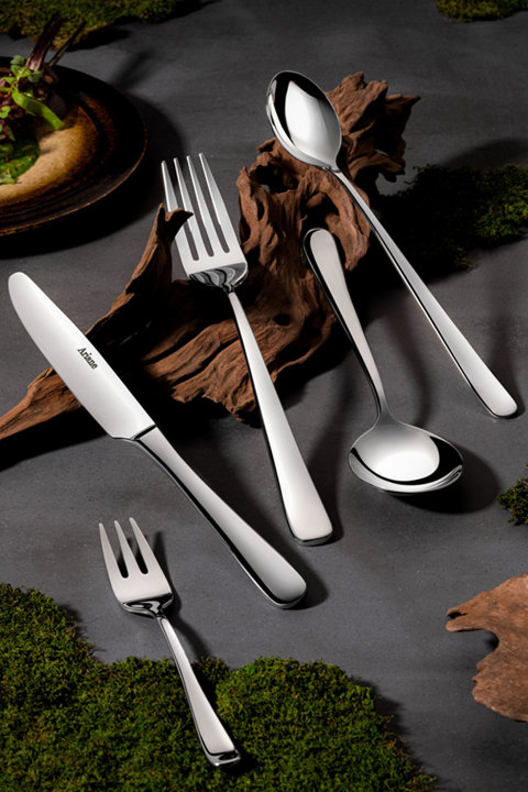 Ariane stainless steel flatware set featuring a dinner knife, fork, spoons, and salad fork arranged on a dark, rustic surface with driftwood and moss accents.