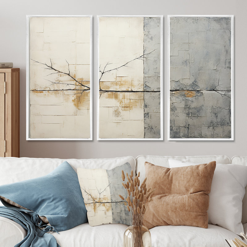 Grey And White Nature Split - Abstract Shapes Wall Decor Set, 40" H x 60" W x 1" D, White Floater Framed