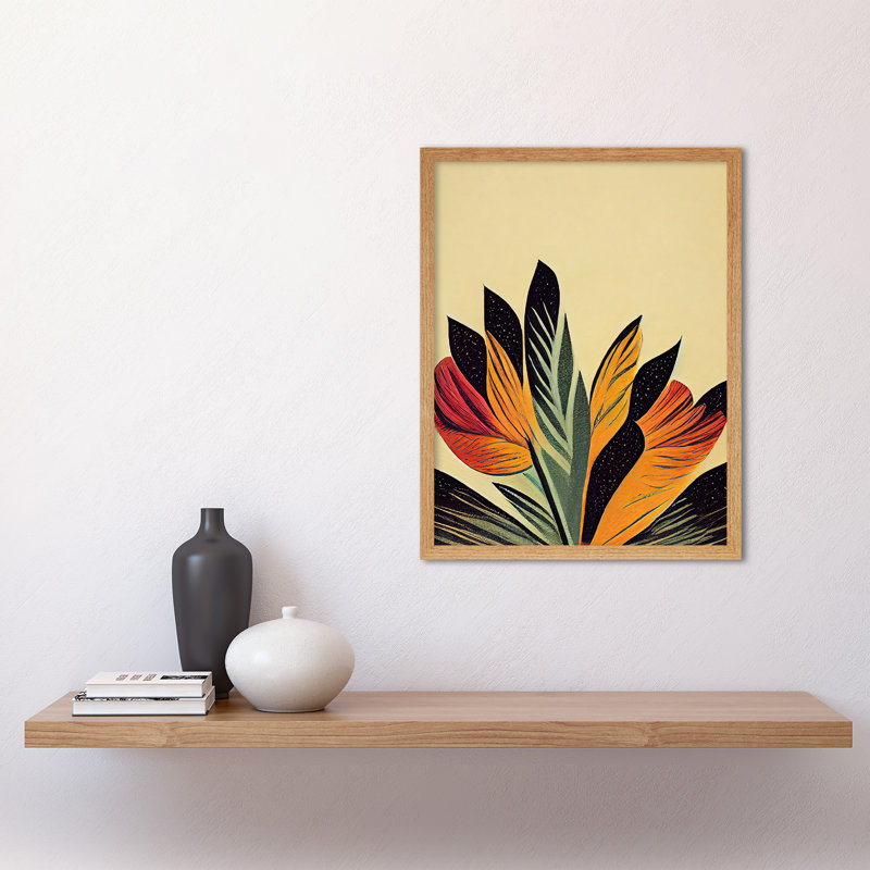 Abstract Retro Art Nouveau Flowers Bloom - Print, Light Brown Framed Paper, 43cm H x 33cm W