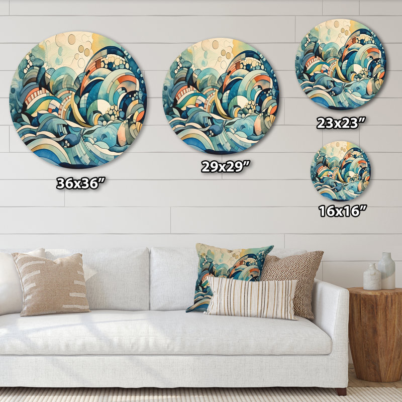 «Blue and orange», art mural rond abstrait géométrique sur métal, H 29 po x l 29 po x P 1 po