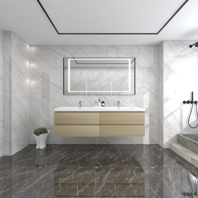 Ensemble de meuble-lavabo double mural 72 po Damilola, Chêne blanc