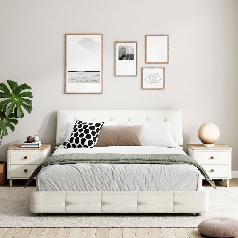 Queen / King Size Cloud-Pillow Platform Bed​ with Extra-Large Ultra-Soft, King, Beige
