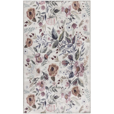 Abigayle Floral Machine Washable Cotton Area Rug in Ivory/Pink