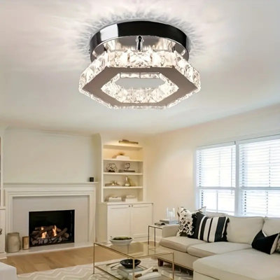 Modern Dimmable Crystal Chandelier - Mini LED Flush Mount Ceiling Light With Remote Control, Polished Metal Finish & Hexagonal Design For Bedroom, Living Room, Kitchen, Or Bar