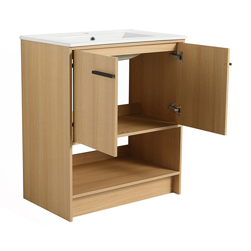 Meuble-lavabo autoportant avec lavabo en céramique et 2 portes à fermeture douce, 30", Oak