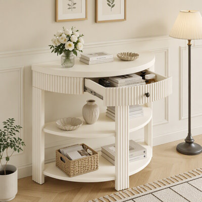 Console cannelée demi-lune avec tiroir et 2 tablettes pour le hall d'entrée, le salon et le couloir