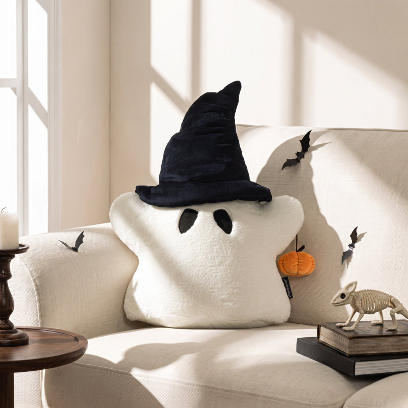 Coussin décoratif d'Halloween en forme de fantôme, coussin effrayant en fausse fourrure de lapin avec citrouille 3D