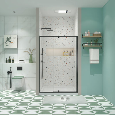 44-48" W X 71" H Pivot Swing Glass Shower Door, Pivot Frame Sliding Shower Door With 1/4"(6mm) Clear Sgcc Tempered Glass, Matte Black Finish Shower Doors, Reversible Installation