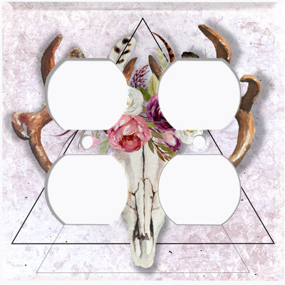 Metal Light Switch Plate Outlet Cover (Indian Native Bull Skull Flower Wreath Pink  - Single Toggle)