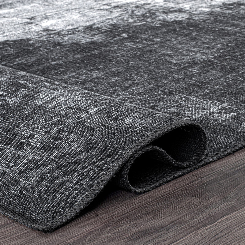 Tapis noir / gris à motif abstrait lavable à la machine Priebe, Rectangle 7 pi 6 po x 9 pi 6 po