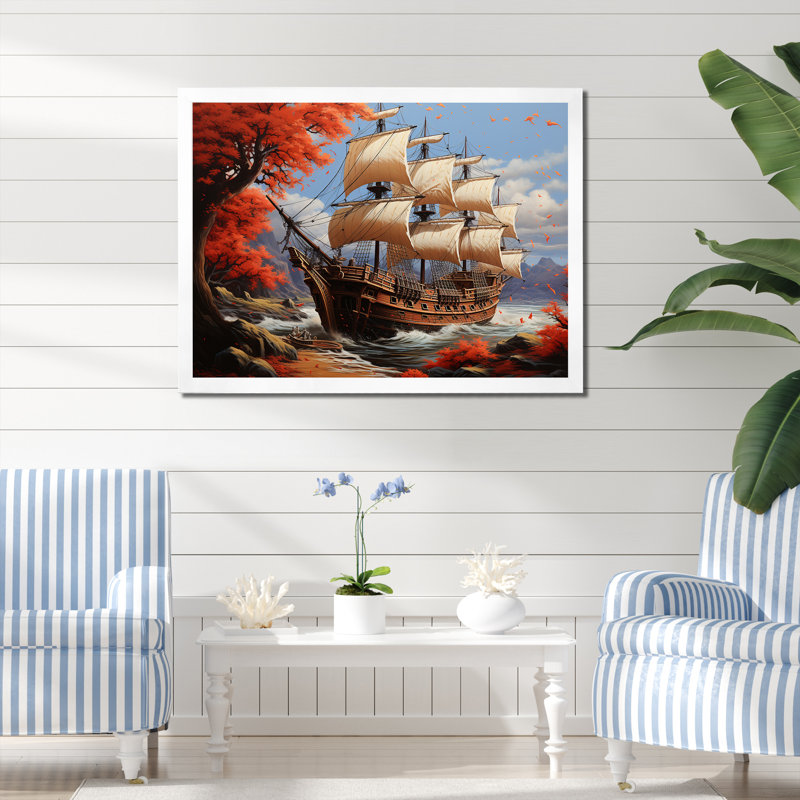 Caraïbes, crique de pirate 2 - Art mural pirate, Cadre flottant blanc, H 16 po x l 32 po x P 1 po