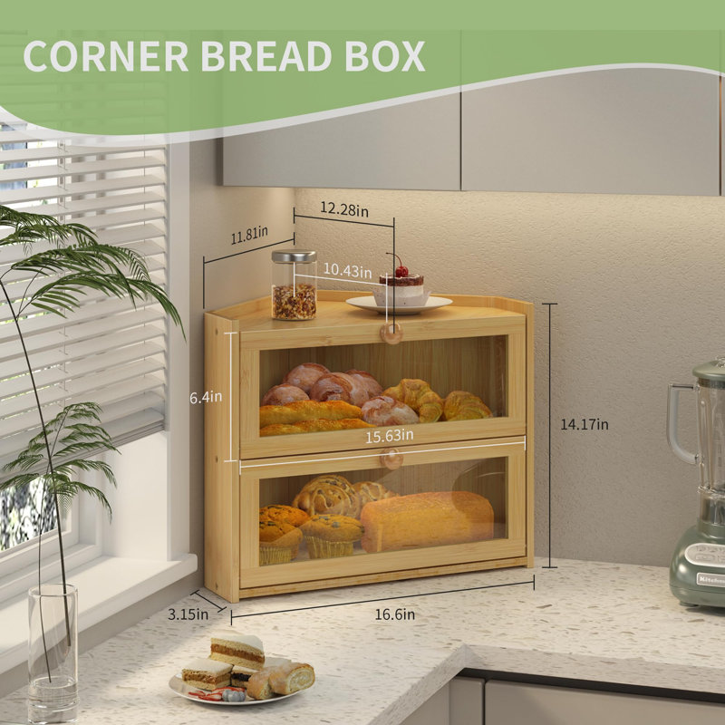 Corner Bread Box, Large Bread Container Storage,Farmhouse Bread Box with Window Bread Holder(Bamboo), Bamboo