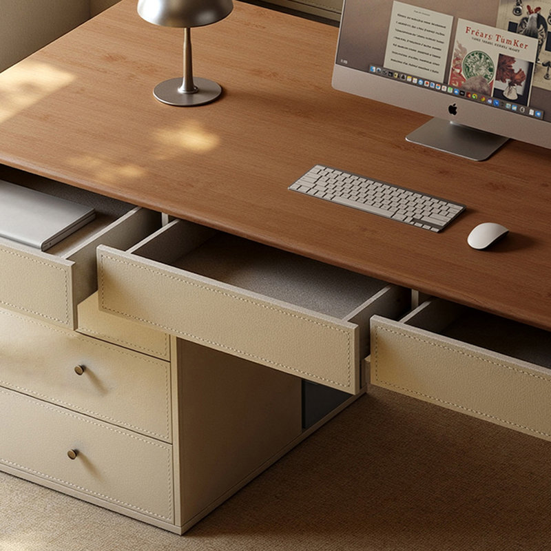 Bureau à 6 tiroirs brun noisette + bois manufacturé rectangulaire beige + acier + Barenia, Retour à gauche