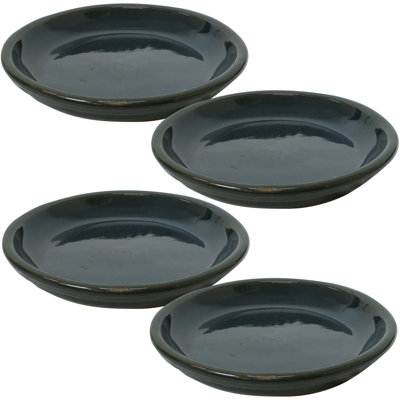 Round Glazed Ceramic Flower Pot Saucer Set of 4 - Fits 12" Planters - Blue