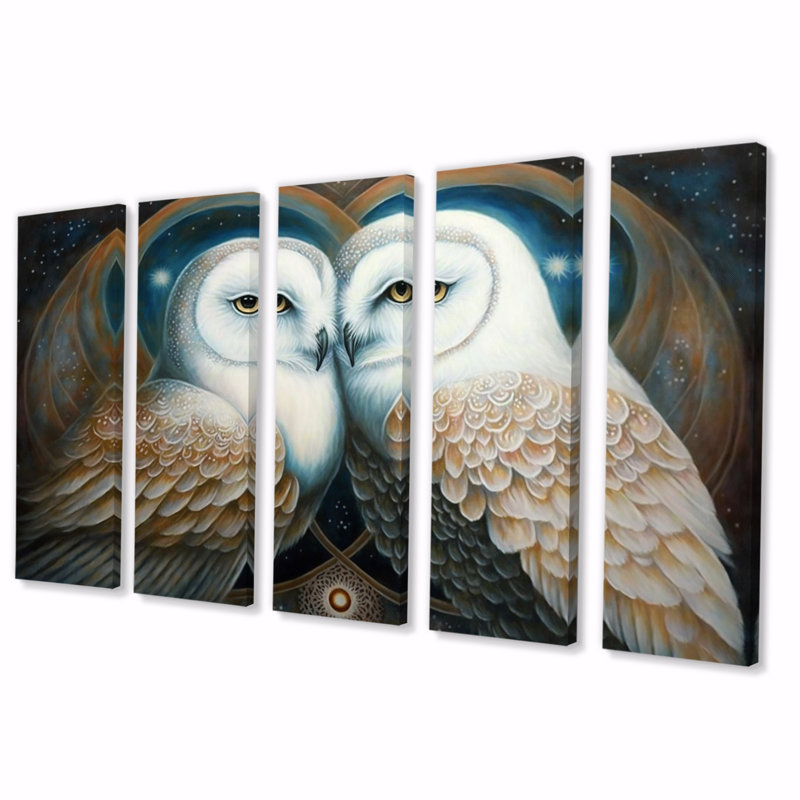 Hiboux blancs amoureux - décoration murale animaux hibou - 5 panneaux égaux