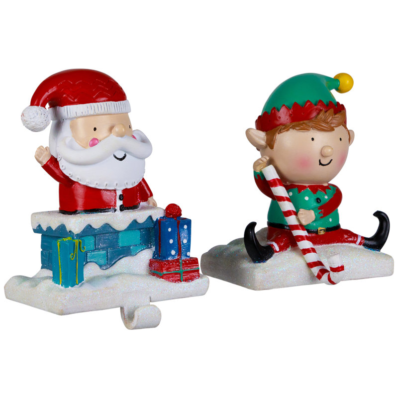 Santa and Elf Resin Christmas Stocking Holders Set