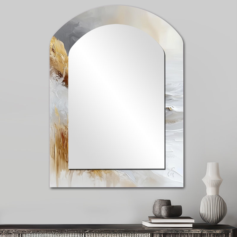 Pure Golden Winter Beach Landscape IV - miroir asymétrique de plage, miroir mural décoratif arqué blanc, impression d'art en métal